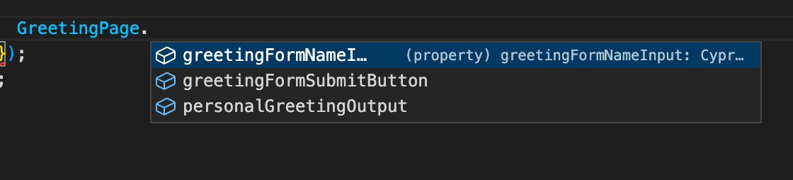 A screenshot showing autocompletion suggestions in VS Code for the GreetingPage page object